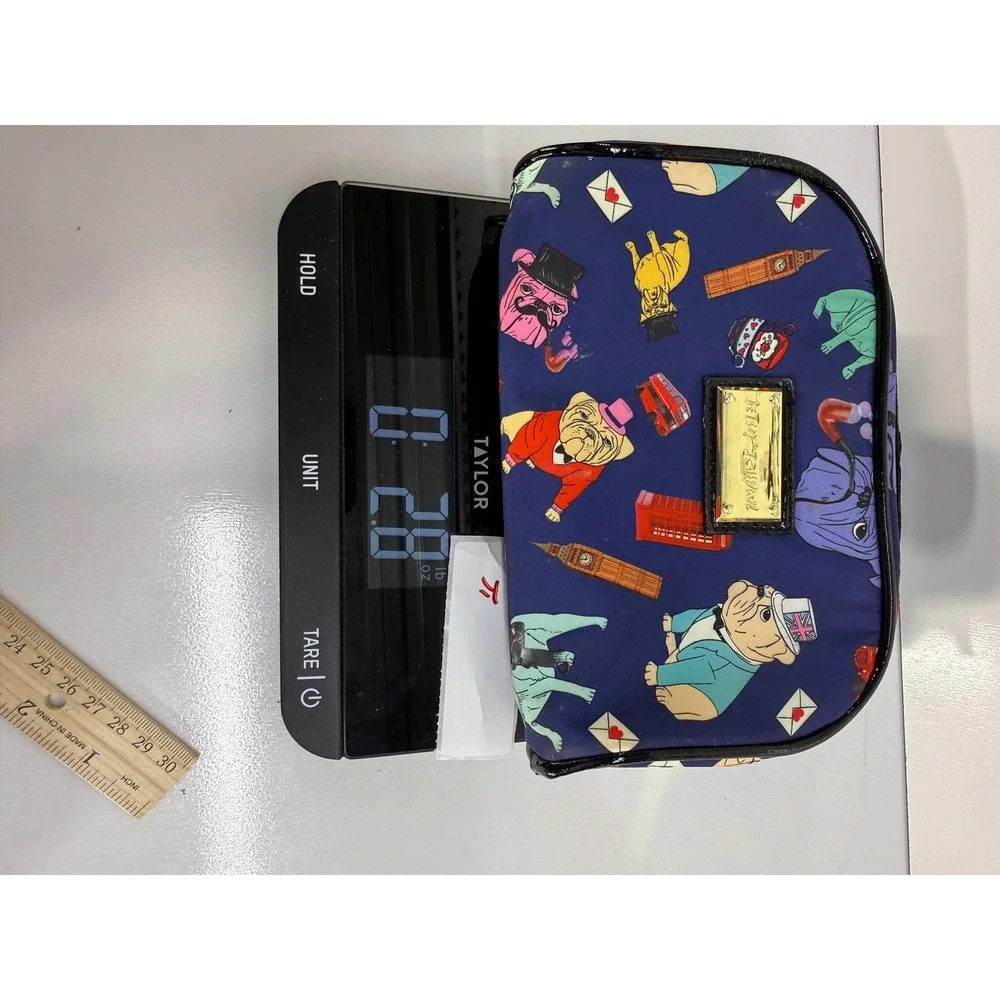 Betsey Johnson London Bulldog Print Cosmetic Bag Navy Blue Makeup Pouch